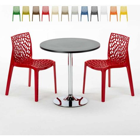 Table Ronde Noire 70x70cm Avec 2 Chaises Colorées Grand Soleil Set Intérieur Bar Café Gruvyer Cosmopolitan - Rouge (1/5)