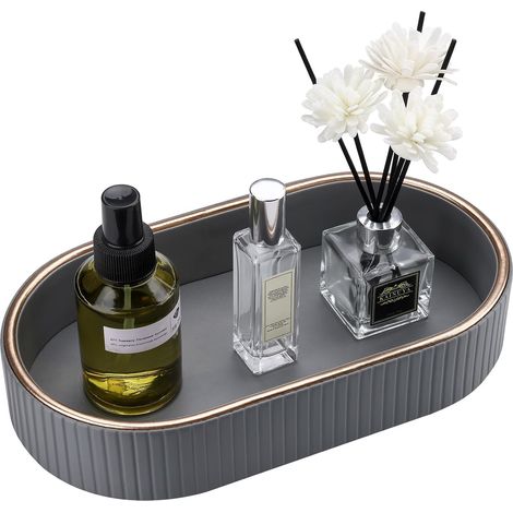 Plateau de Salle de Bain,Ovale Plateau Décoratif en Cuir Plateau à Bijoux Plateaux de Service Plateaux de Coiffeuse Vide Poche pour Salle de Bain,Coiffeuse,Toilette,Bougies,Cuisine(Gris) (1/5)