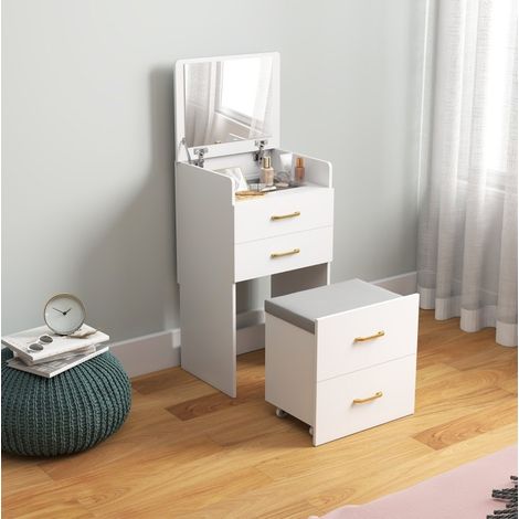 Coiffeuse 3 en 1 avec miroir, table de chevet et tabouret à roulettes, blanc (1/5)