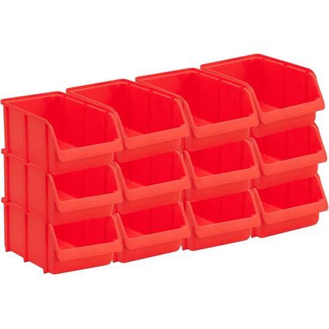 Set 12 tiroirs de rangement empilables, Boîtes de rangement, Rangement d'outils, haute stabilité dimensionnelle et capacité de charge, en polypropylène (PP), taille 4, rouge (1/2)
