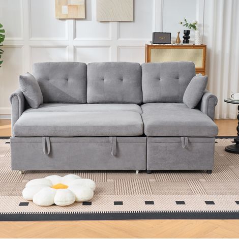 Sofá esquinero cama con almacenaje (206x130x85 cm), con chaise longue reversible, tejido chenilla gris (1/5)