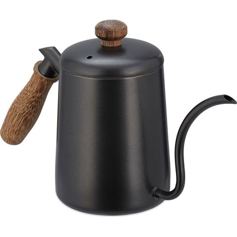 Théière, acier inoxydable, poignée en bois de chêne, volume : 550 ml, couvercle, anthracite et marron (1/5)