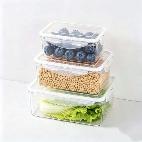 Set aus 3 rechteckigen Aufbewahrungsboxen mit luftdichten Deckeln, gefriergeeignet. (1/4)