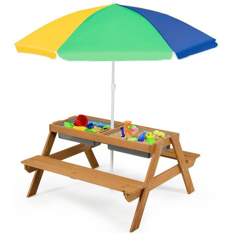GOPLUS Set Tavolo da Picnic 3 in 1 per Bambini, con Ombrello Rimovibile e Pieghevole e 2 Scatole, Set di Tavolo e Panca in Legno per Esterno Giardino Patio (Giallo+Blu+Verde)