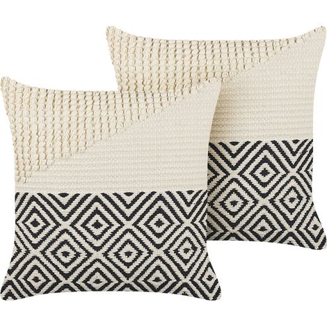 Dekokissen 2er Set Beige und Schwarz Baumwolle 45 x 45 cm Bezug mit Füllung Reißverschluss Strukturiert Geometrisches Muster Boho Wohnzimmer