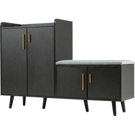 Banc de rangement moderne en bois de noyer du Jura avec 4 portes et poignées métalliques asymétriques, 120x34x82 cm (1/5)