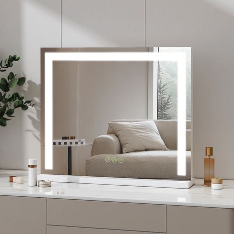 Heilmetz Spiegel Kosmetikspiegel mit Beleuchtung Schminkspiegel Tischspiegel 3 Lichtfarbe Dimmbar 60x52cm Weißer Eisenfuß (1/5)
