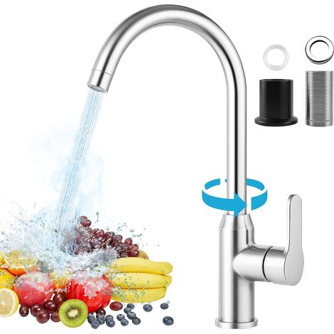 Grifo de cocina, monomando de acero inoxidable con cuello de cisne giratorio de 360°, agua fría y caliente disponible, grifo de agua fría para cocina, jardín, caravana, color plata. (1/5)
