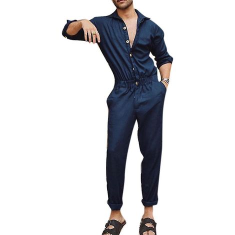 Combinaison-pantalon homme, chemise intégrale, manches longues, pantalon - Taille M - Bleu foncé (1/4)