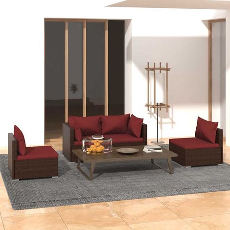 Salon de jardin 4 pcs Ensemble Table et Chaise de Jardin - avec coussins Résine tressée Marron BV851121 - BonneVie (1/5)