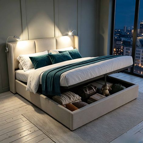 Letto matrimoniale 160x200 cm - Porta USB - Luce di lettura a LED - Letto contenitore idraulico - Biancheria da letto beige (1/5)