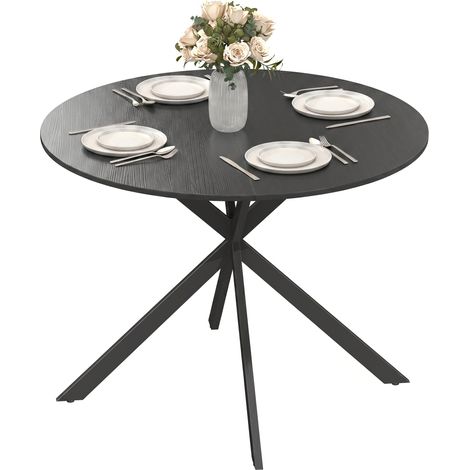 JSSEVN -Table de salle à manger ronde pour 4 personnes, style industriel, pieds en acier, noire, idéale pour la cuisine ou la salle à manger. (1/5)