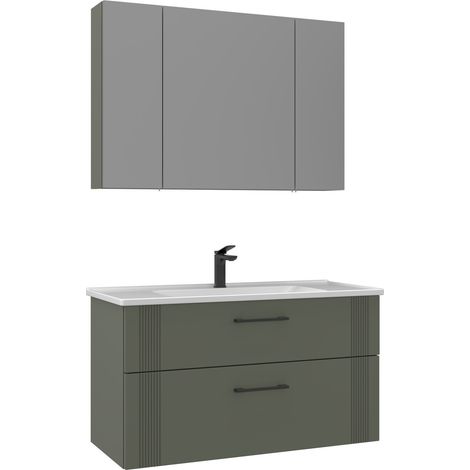 Waschtisch-Set mit Spiegel (2-teilig) "Bari 100 v2" – 100 x 45 x 55 cm – Mattgrün (1/4)