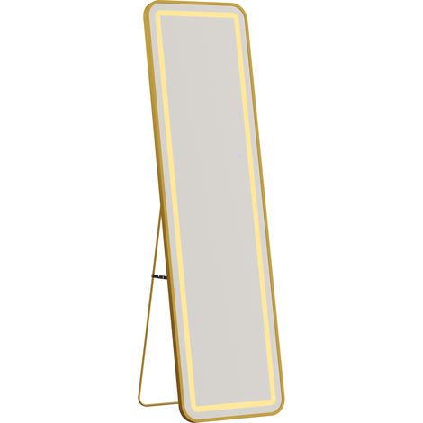Miroir LED pleine longueur 150 x 40 cm – Miroir sur pied rectangulaire doré, 3 couleurs de lumière, commande tactile, verre trempé HD, cadre aluminium, pose au sol ou murale