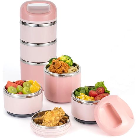 Portapranzo in acciaio inossidabile a tre scomparti con ciotola per zuppa per adulti, contenitore per alimenti impilabile a tenuta stagna, portapranzo portatile per pasti in movimento - Rosa (24,611,5 (1/5)