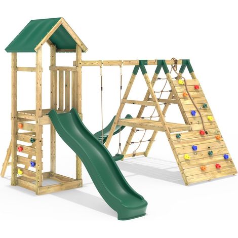Wooden Climbing Frame with Swings, Climbing Walls and Slide - Alverstone Green