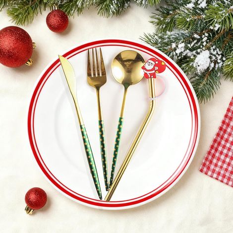 4 Pièces Vaisselle de Noel,Ensemble de Couverts de Table Doré Inox, Luxe, Articles de table de Noël exquis et Personnalisés, Des Cadeaux de Exquis (1/4)