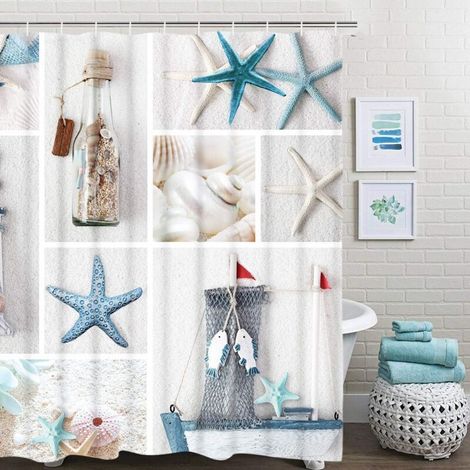 Tenda da doccia in tessuto con anelli, 180 x 180 cm, motivo a stella marina, vasca da bagno – stampa digitale – poliestere – antiscivolo – Crezuo (1/4)