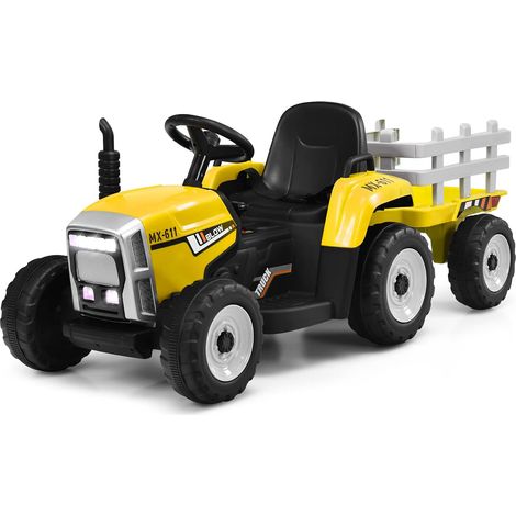 COSTWAY Tracteur Electrique Enfants 12 V avec Remorque Télécommande 2,4G - 3 Vitesses avec Eclairage LED Musique Klaxon Fonctions Audio USB et Bluetooth pour Enfants de 3 Ans+(Jaune)