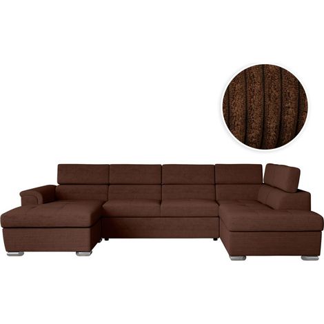Loungitude – Canapé panoramique 6 places convertible en velours côtelé – 2 coffres de rangement – Marron – Confort optimal pour salon moderne (1/5)