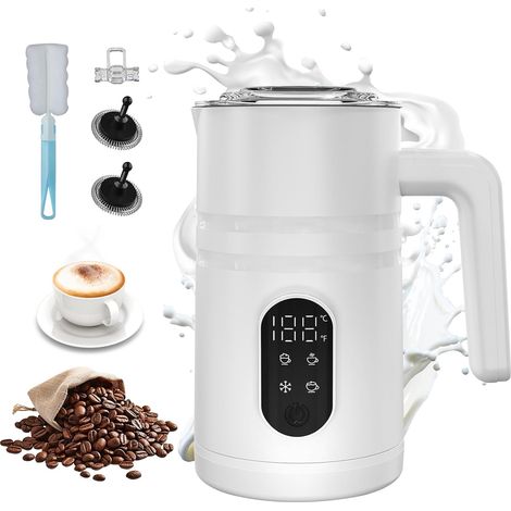 4-in-1 Electric Milk Frother - Automatic Frother for Hot and Cold Milk, Auto-Shut-Off, Stainless Steel Design, Quiet Operation for Cappuccino (White - Digital Display) (1/5)