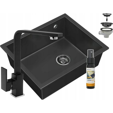 Évier en granit sous-plan Granitan Salix Noir Robinet Nook Noir Siphon Noir 1 bac + Imprégnant GraniProtect 30 ml (1/5)