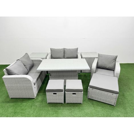 Fimous High Back Poly Rattan Garden Furniture Set with Reclining Chair Loveseat Sofa Adjustable Lifting Dining or Coffee Table Indoor Outdoor Patio Set 3 Stools 2 Side Table Light Grey (1/5)