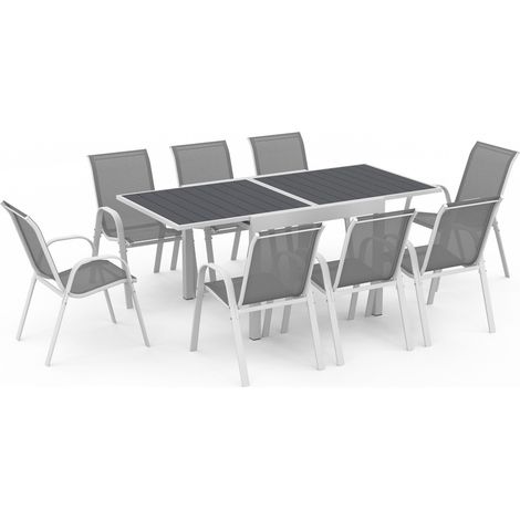 Gartenmöbel POLY ausziehbar Tisch 90-180 CM und 8 Stühle weiß und grau