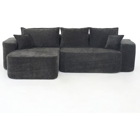 Canapé d'angle en L 264 cm avec chaise longue, revêtement chenille noir, profil bas, sans montage (1/5)