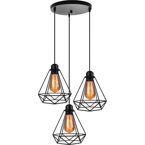 Lustre Suspension Luminaire Industrielle 3 Lumière E27 Métal Vintage Suspensions Luminaires Retro Noir (1/4)