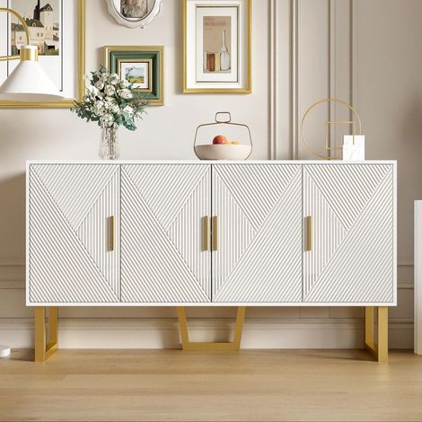 Aparador moderno de lujo con puertas texturizadas y tiradores dorados – 4 puertas, estantes ajustables – 150 x 40 x 82 cm – Blanco brillante (1/5)