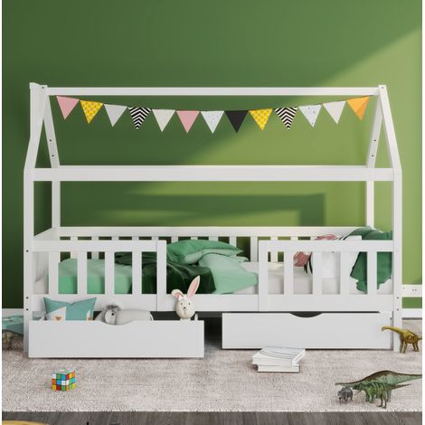 Kinderhausbett mit Schornstein 90 x 200 cm Weiß aus Kiefernholz und MDF mit 2 Schubladen (1/5)