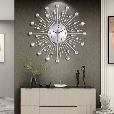 Horloge Murale Argenté Geante avec Strass, Metal Silencieuse Pendule Murale Moderne Nordic Décoration, Créative Design pour Salon Chambre Bar 56cm (1/4)