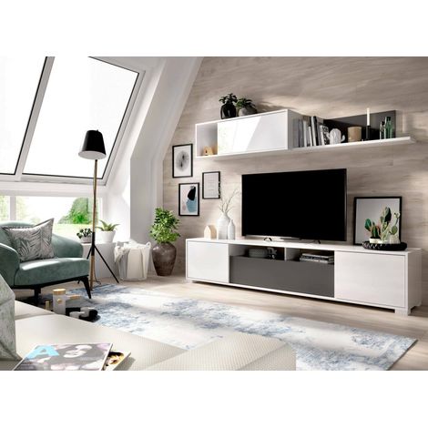 Dmora - Mueble alto Dfalcon, Conjunto de salón con soporte TV, Mueble de salón polivalente, 200x41h180 cm, Blanco y Antracita (1/5)