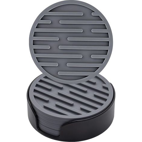 Lot de 6 dessous de verre ronds antidérapants en silicone avec support pour tasses, table, café, bar, boissons, dessous de verre (gris) (1/4)