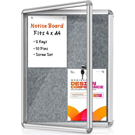 Tableau d'affichage verrouillable 66 x 51 cm, tableau d'affichage en feutre avec cadre en aluminium et serrure de porte, tableau mural en liège feutre gris pour 4 x A4 (1/5)