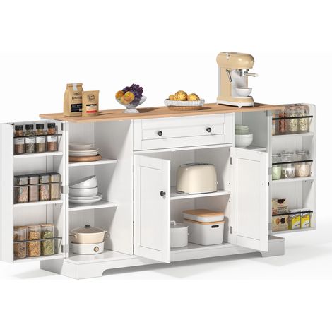 Desserte de Cuisine,Îlot Central Cuisine multifonction 138 cm,Meuble de rangement avec tiroir & 2 portes latérales 3 étagères chacune,Blanc & Naturel