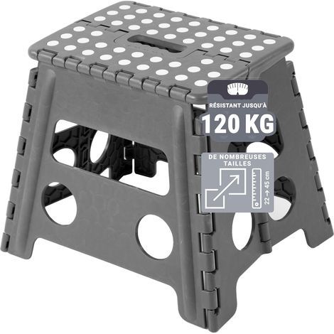 Folding Stool - Folding stool for children and adults up to 120 kg - Non-slip surface - Carrying handle - Ultra-lightweight - Height 32 cm - Plastic - Grey (1/5)