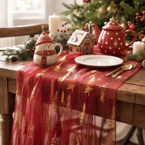 Chemin de Table de Noël Rouge en Tulle Pailleté Sapins Dorés, 70 x 300 cm (1/5)