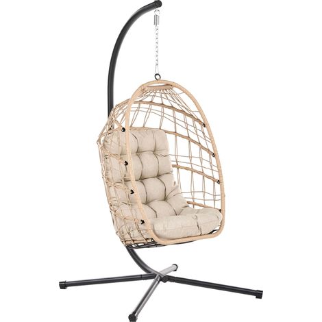 Poltrona Sospesa a Dondolo Stile Boho in Polyrattan PE con Struttura in Metallo Catena e Morbido Cuscino Naturale Mornese (1/5)