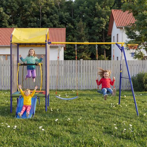 Parque infantil exterior 4 en 1 con trampolín, columpio, tobogán y canasta HAVRYA (1/5)