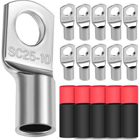 Lot de 10 cosses de câble tubulaires 25 mm² - Diamètre du trou M10 - Cosses à anneau en cuivre épais non isolées SC avec 10 gaines thermorétractables 3: 1 (1/5)