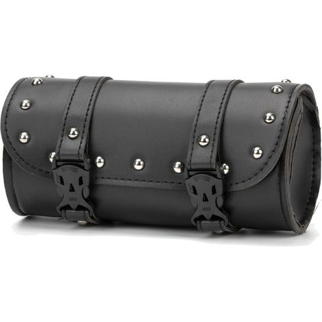 Sac à outils pour moto, sac universel pour fourche de guidon de vélo, sacoche latérale à rouleau en cuir PU noir, sac de rangement étanche avec 2 sangles (1/5)