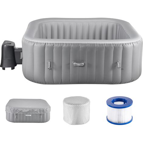 VEVOR Vasca Rotonda da Bagno Gonfiabile, per 4 a 6 Persone 185x66 cm, con 130 Getti Rilassanti, Filtro, Copertura, Tappetino, Pannello Controllo, Piscina Termale per Esterni, Grigio