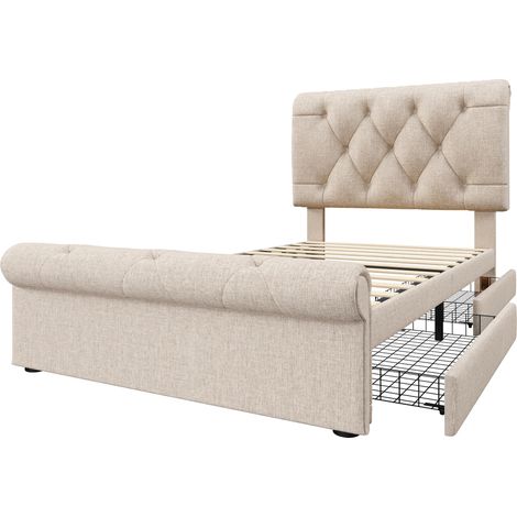 Cama individual tapizada 90x200 cm con 2 cajones y cabecero regulable, Natural (1/5)