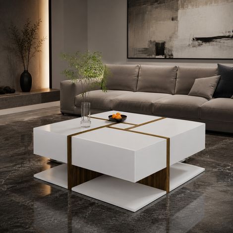 Table basse carrée en panneaux de particules blanc et bois clair, 78 x 78 x 34,8 cm, 4 tiroirs, tablette basse, finition brillante – de FLORAGRACE (1/5)