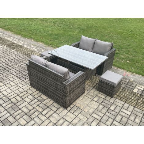 Fimous Patio Rattan Garden Furniture Set with Oblong Rectangular Dining Table 2 Small Footstools 6 Seater Outdoor Loveseat Sofa Set Dark Grey Mixed (1/5)