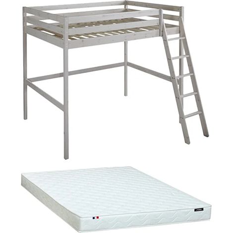 Letto a soppalco + materasso 140 x 190 cm Pino massello Sbiancato - GEDEON II (1/5)