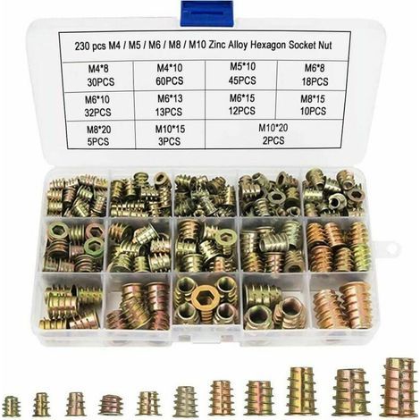 230 Pcs Écrous Hexagonaux M4 M5 M6 M8 M10 avec Inserts Filetés, Alliage de Zinc Insert Fileté Hexagonale Écrous Inserts pour Kit d'outils d'écrou pour Meubles en Bois (1/5)