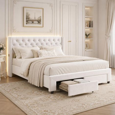Lit double 160x200cm avec 2 tiroirs, cadre de lit rembourré avec LED RGB et port de charge USB, tête de lit capitonnée en velours, Beige (1/5)